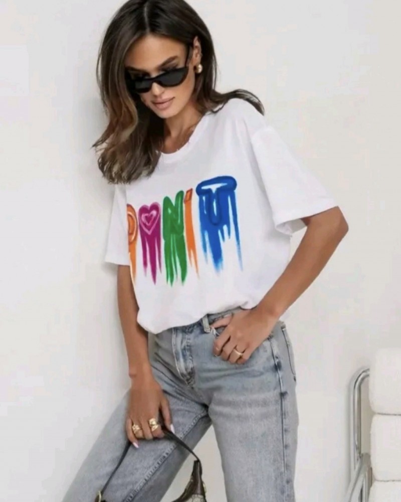 T-Shirt Μπλούζα Μακό με Τύπωμα Χρωμάτων Oversized -Λευκό- 5302 