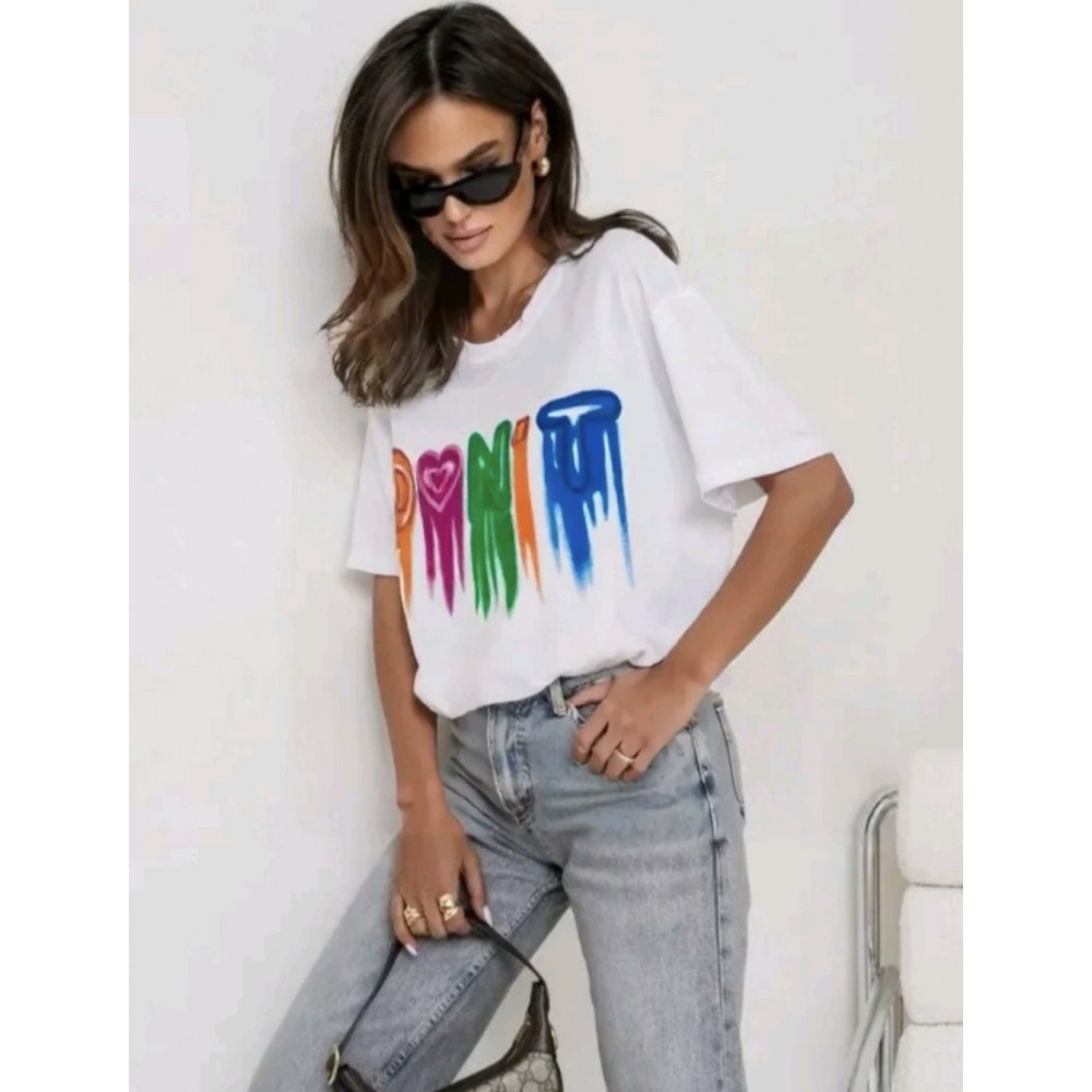 T-Shirt Μπλούζα Μακό με Τύπωμα Χρωμάτων Oversized -Λευκό- 5302 