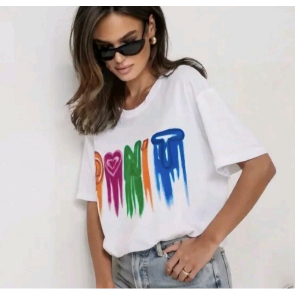 T-Shirt Μπλούζα Μακό με Τύπωμα Χρωμάτων Oversized -Λευκό- 5302 