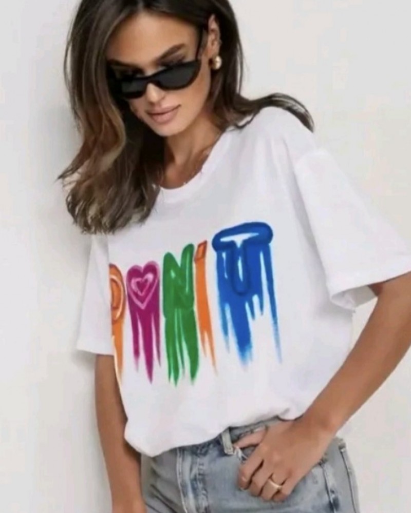 T-Shirt Μπλούζα Μακό με Τύπωμα Χρωμάτων Oversized -Λευκό- 5302 
