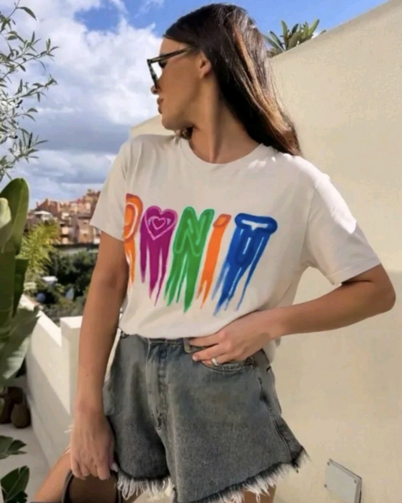 T-Shirt Μπλούζα Μακό με Τύπωμα Χρωμάτων Oversized -Εκρού- 5302