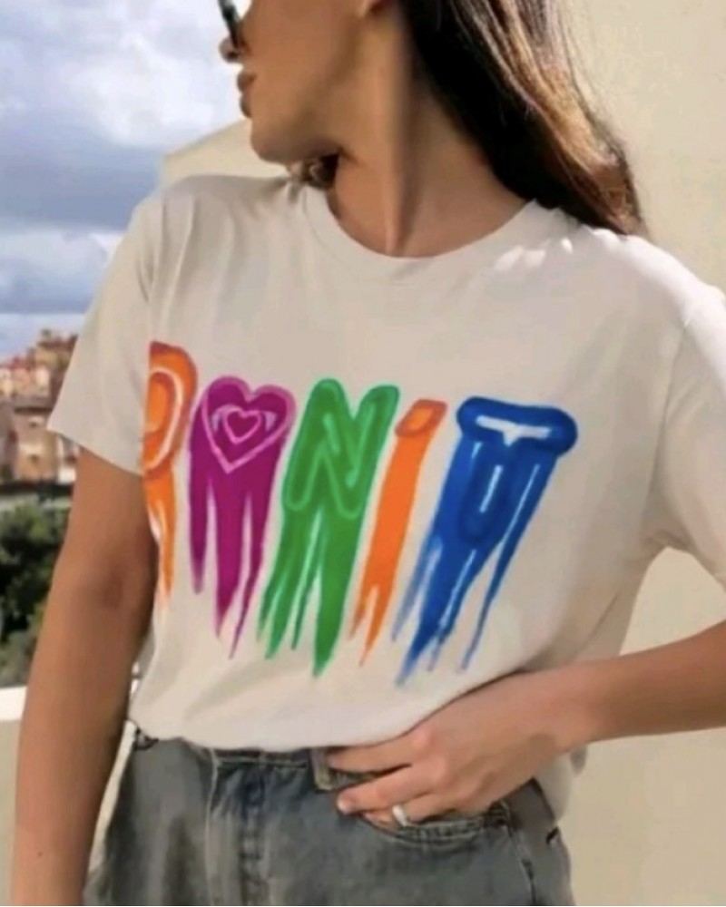 T-Shirt Μπλούζα Μακό με Τύπωμα Χρωμάτων Oversized -Εκρού- 5302