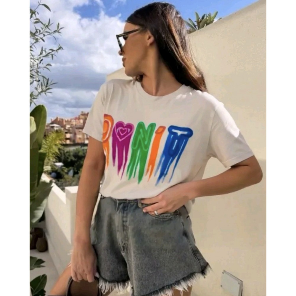 T-Shirt Μπλούζα Μακό με Τύπωμα Χρωμάτων Oversized -Εκρού- 5302