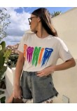 T-Shirt Μπλούζα Μακό με Τύπωμα Χρωμάτων Oversized -Εκρού- 5302