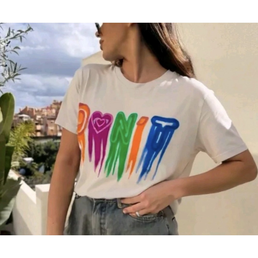 T-Shirt Μπλούζα Μακό με Τύπωμα Χρωμάτων Oversized -Εκρού- 5302