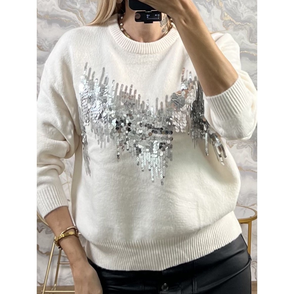 Mπλούζα Πλεκτή Πουλόβερ με Κέντημα Παγιέτα -Εκρού- 6008