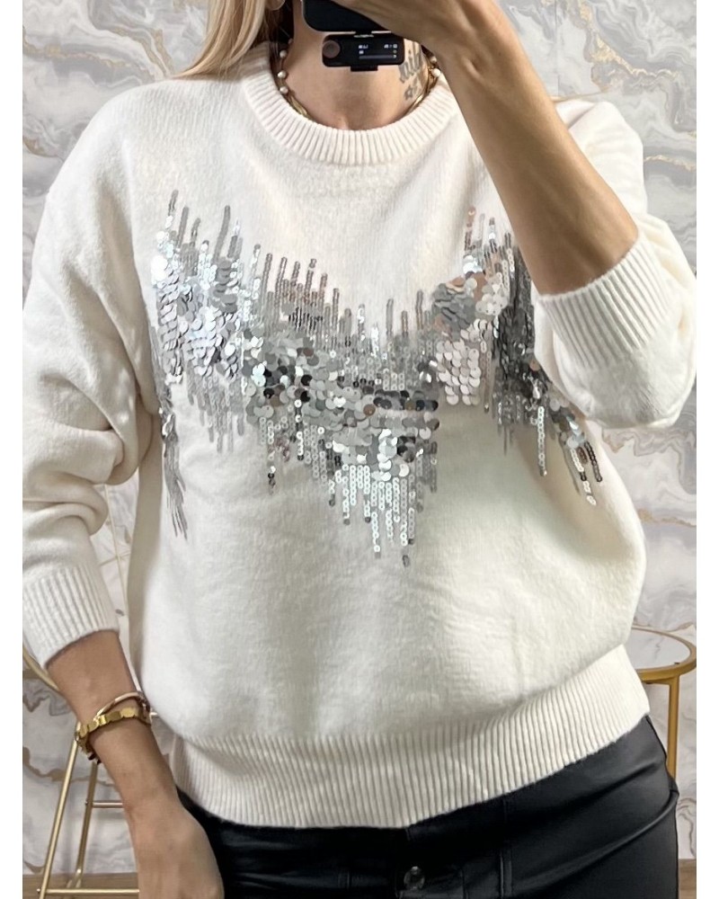 Mπλούζα Πλεκτή Πουλόβερ με Κέντημα Παγιέτα -Εκρού- 