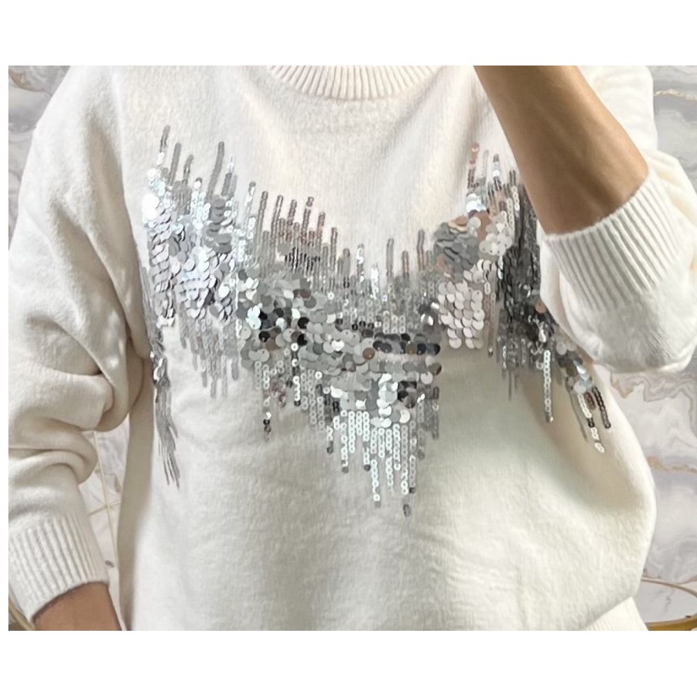 Mπλούζα Πλεκτή Πουλόβερ με Κέντημα Παγιέτα -Εκρού- 6008