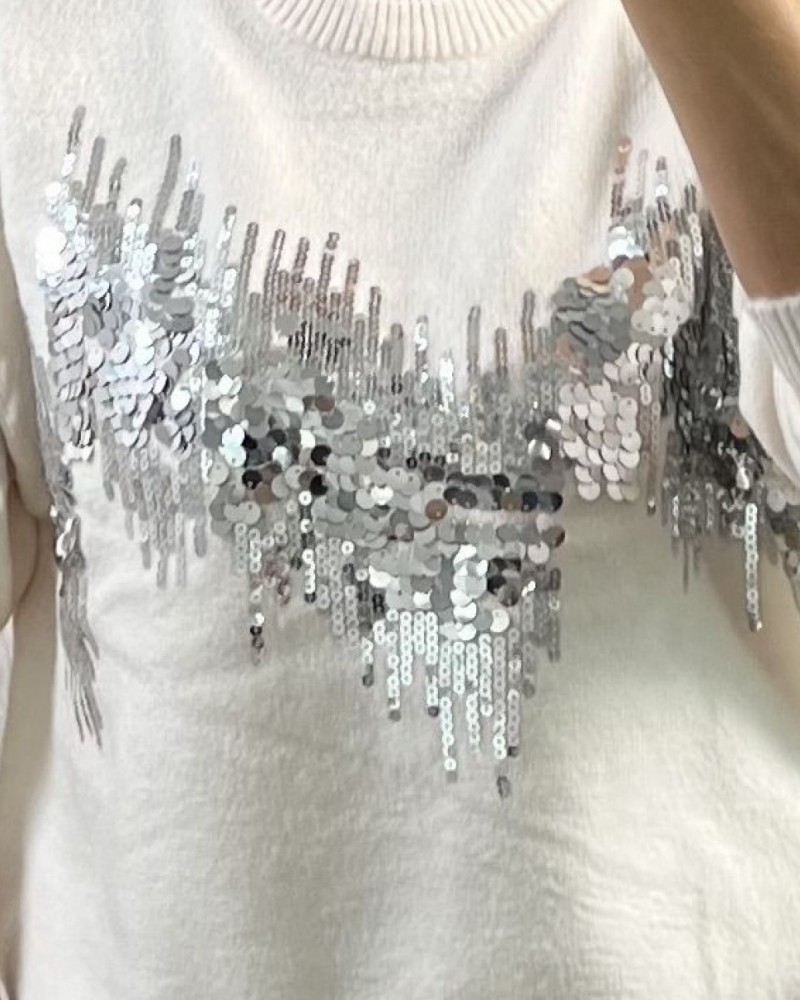 Mπλούζα Πλεκτή Πουλόβερ με Κέντημα Παγιέτα -Εκρού- 