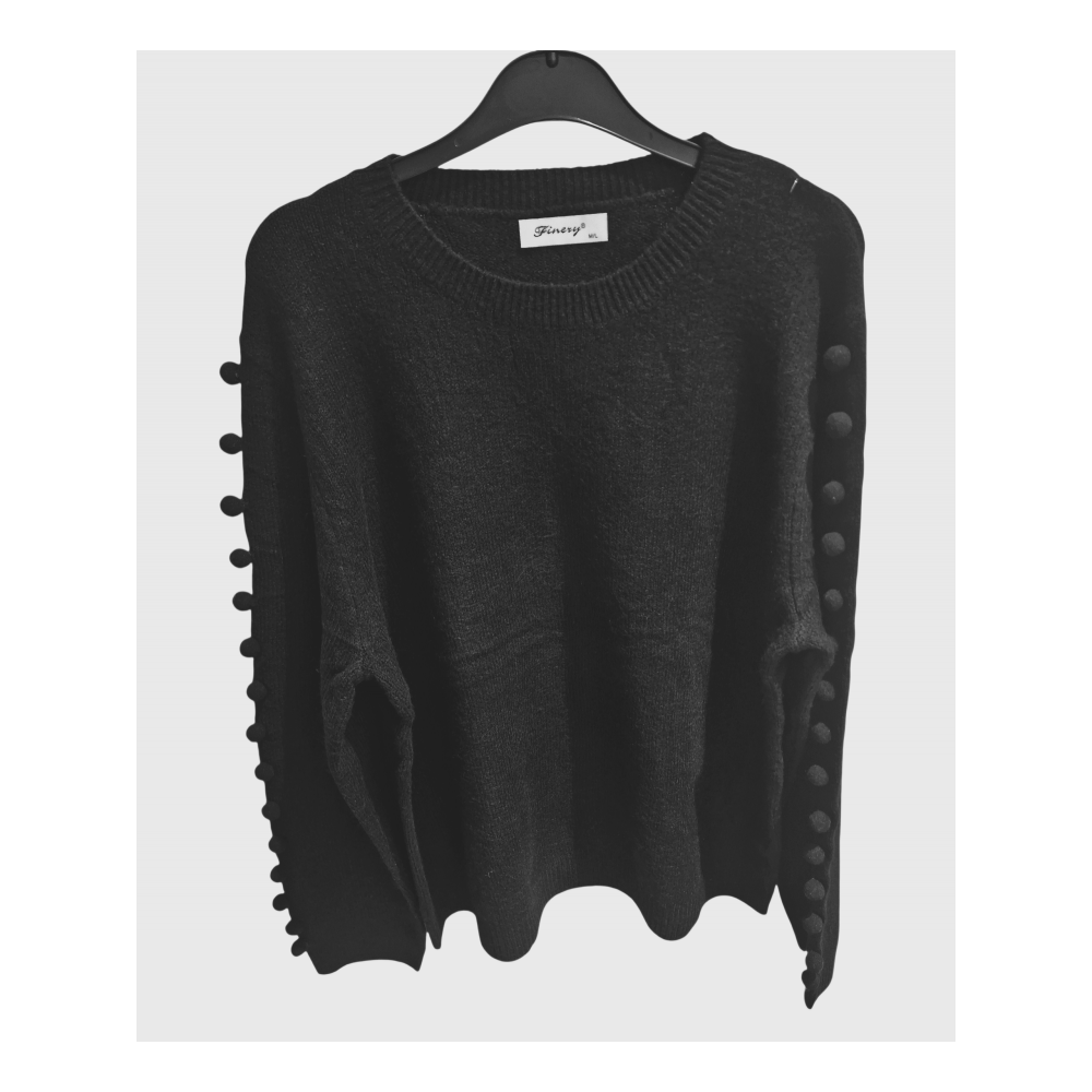Πλεκτή Mπλούζα Πουλόβερ με Pon pon στα Μανίκια -Μαύρο- 