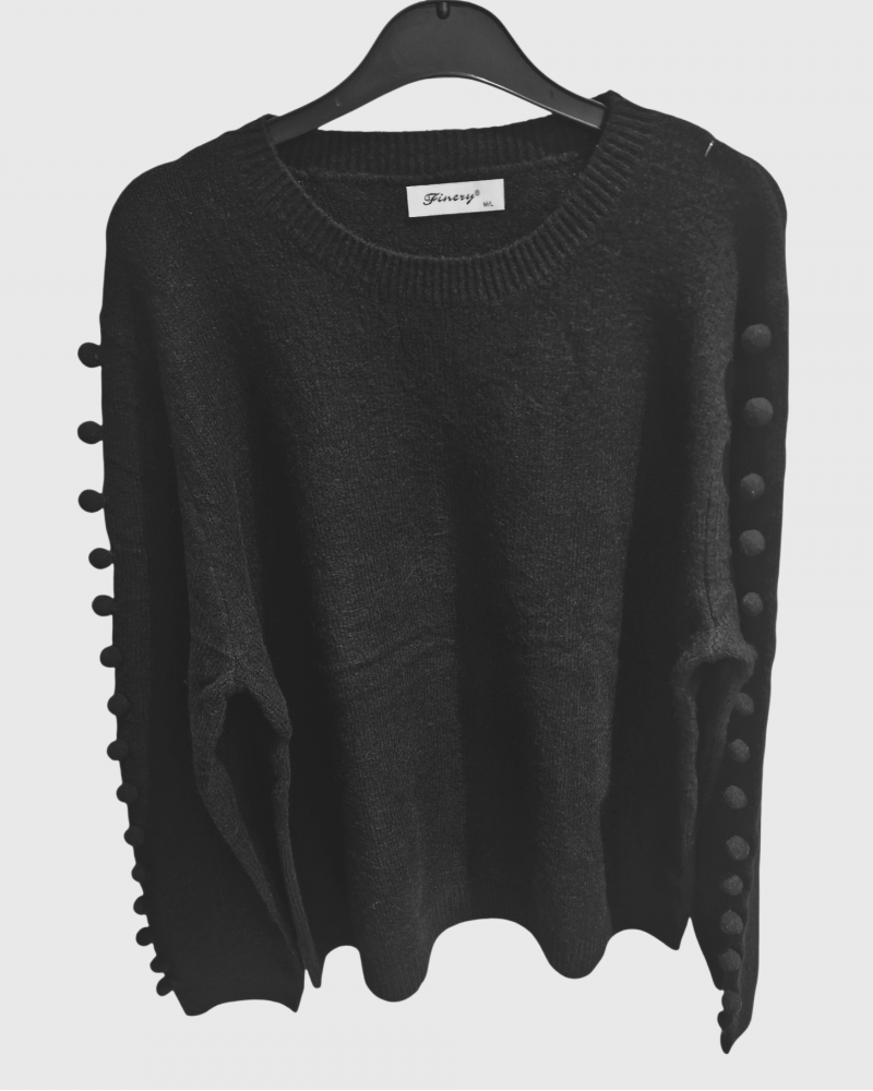 Πλεκτή Mπλούζα Πουλόβερ με Pon pon στα Μανίκια -Μαύρο- 