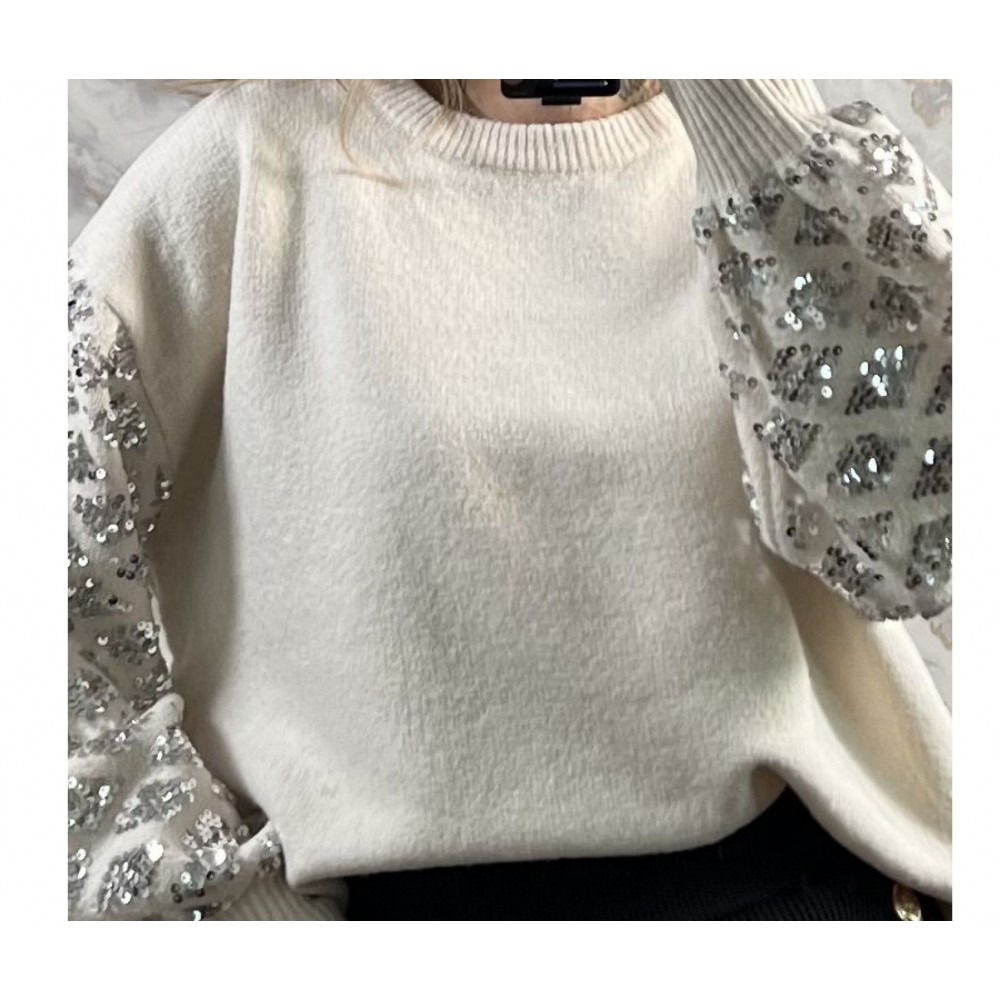 Mπλούζα Πλεκτή Πουλόβερ με Μανίκια Παγιέτα -Βανίλια-