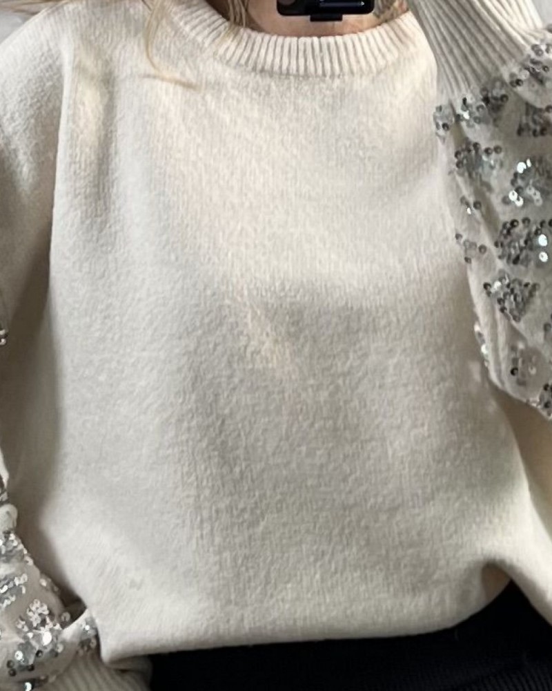 Mπλούζα Πλεκτή Πουλόβερ με Μανίκια Παγιέτα -Βανίλια-