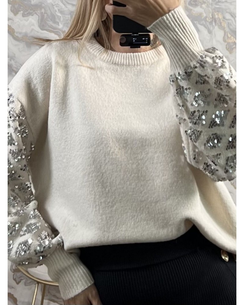 Mπλούζα Πλεκτή Πουλόβερ με Μανίκια Παγιέτα -Βανίλια-