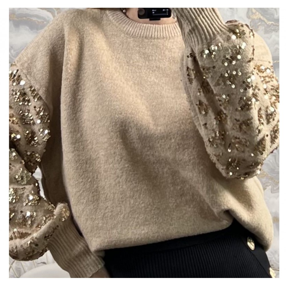 Mπλούζα Πλεκτή Πουλόβερ με Μανίκια Παγιέτα -Μπεζ-