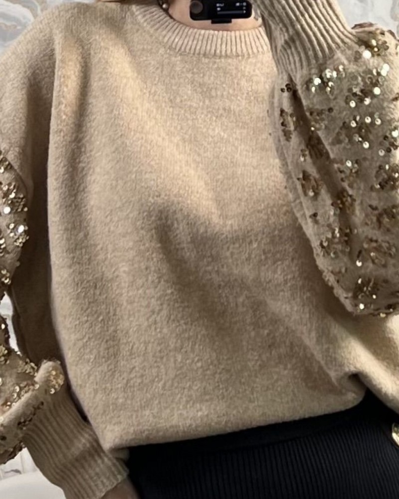 Mπλούζα Πλεκτή Πουλόβερ με Μανίκια Παγιέτα -Μπεζ-