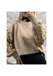 Mπλούζα Πλεκτή Πουλόβερ με Μανίκια Παγιέτα -Μπεζ-