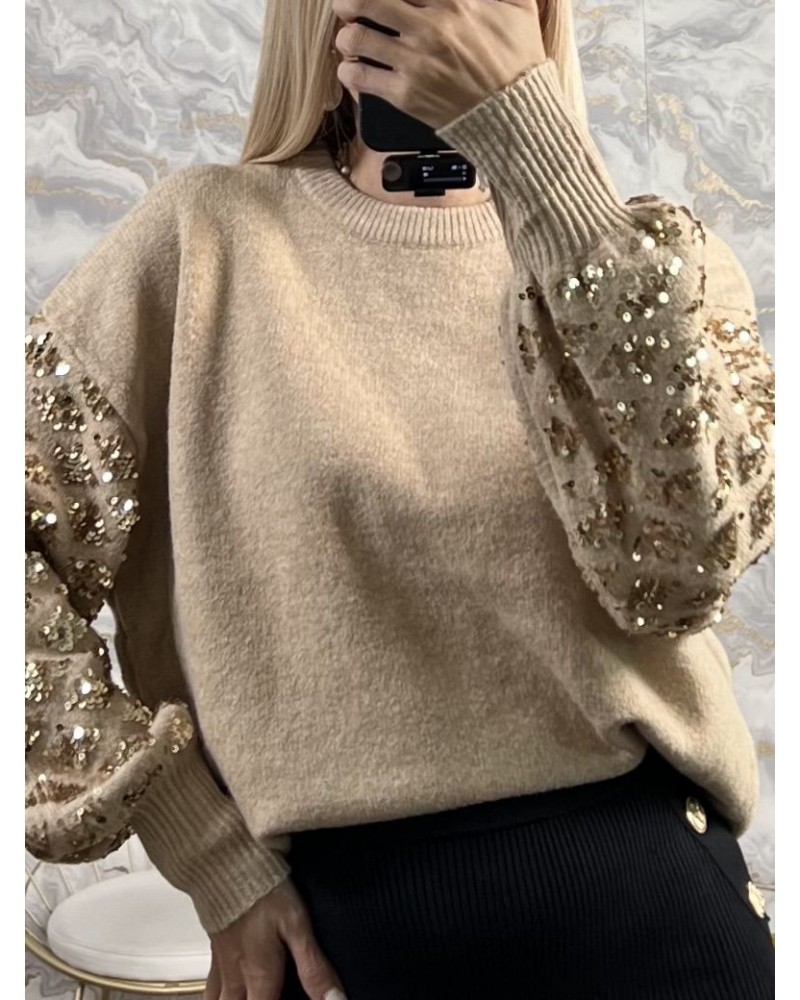Mπλούζα Πλεκτή Πουλόβερ με Μανίκια Παγιέτα -Μπεζ-