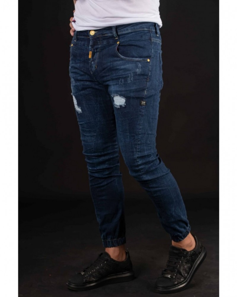 Ανδρικό Jean Παντελόνι Με Φθορές και Λάστιχο Jogger Fit -Μπλε- Profil 630
