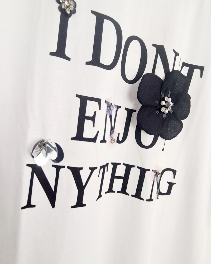 T-Shirt Μπλούζα Μακό με Τύπωμα και 3D Λουλούδι -Λευκό- 6737