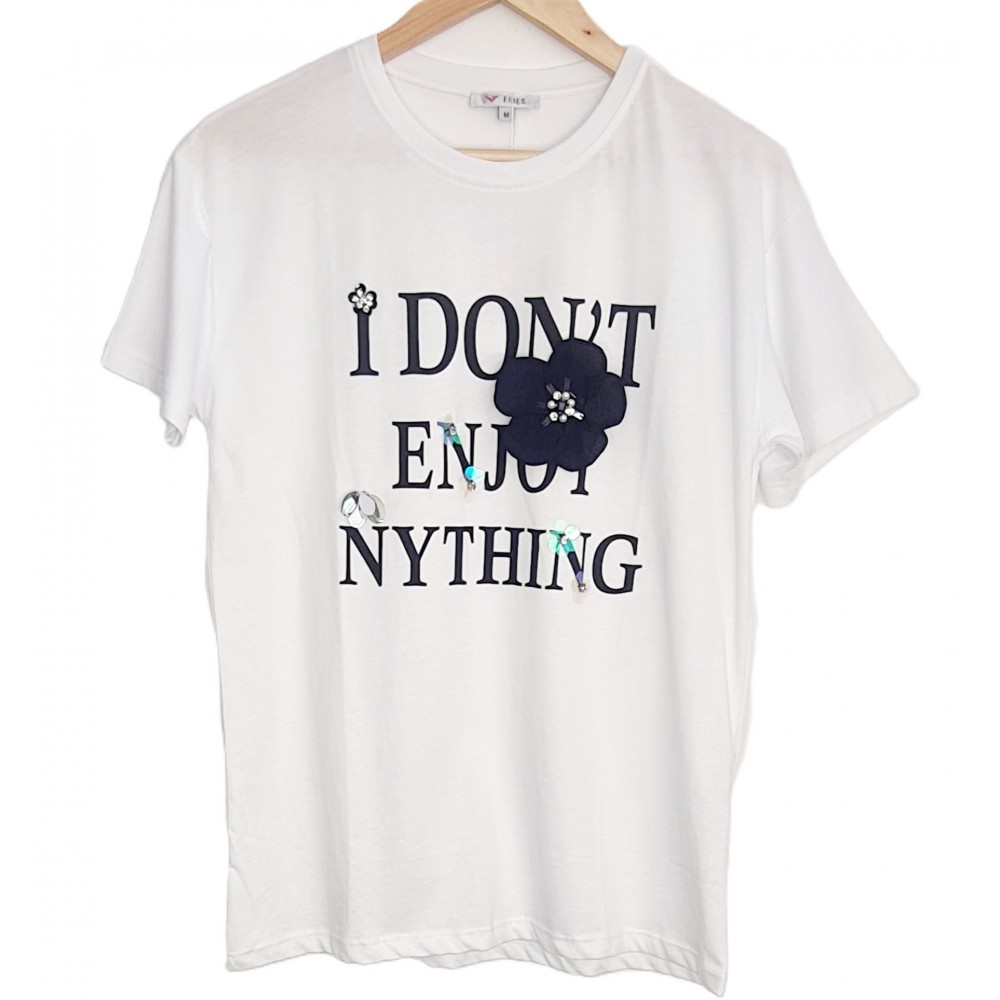 T-Shirt Μπλούζα Μακό με Τύπωμα και 3D Λουλούδι -Λευκό- 6737