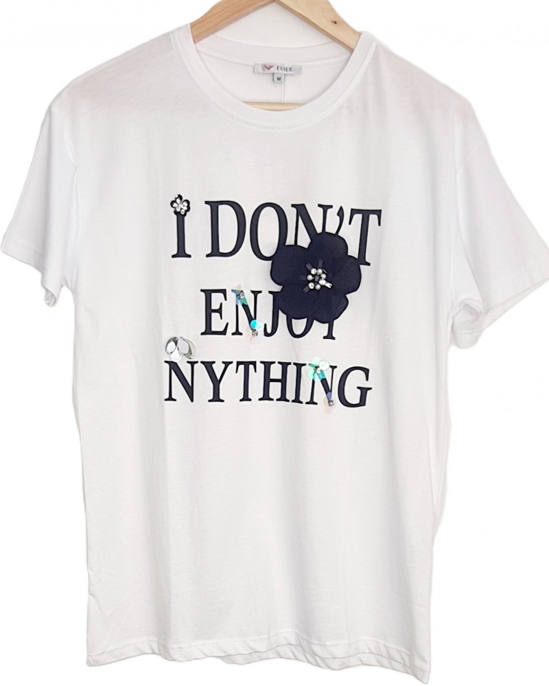 T-Shirt Μπλούζα Μακό με Τύπωμα και 3D Λουλούδι -Λευκό- 6737
