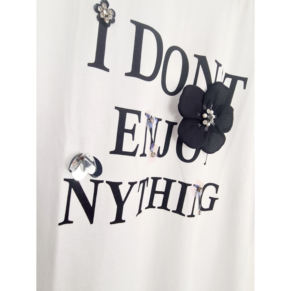 T-Shirt Μπλούζα Μακό με Τύπωμα και 3D Λουλούδι -Λευκό- 6737