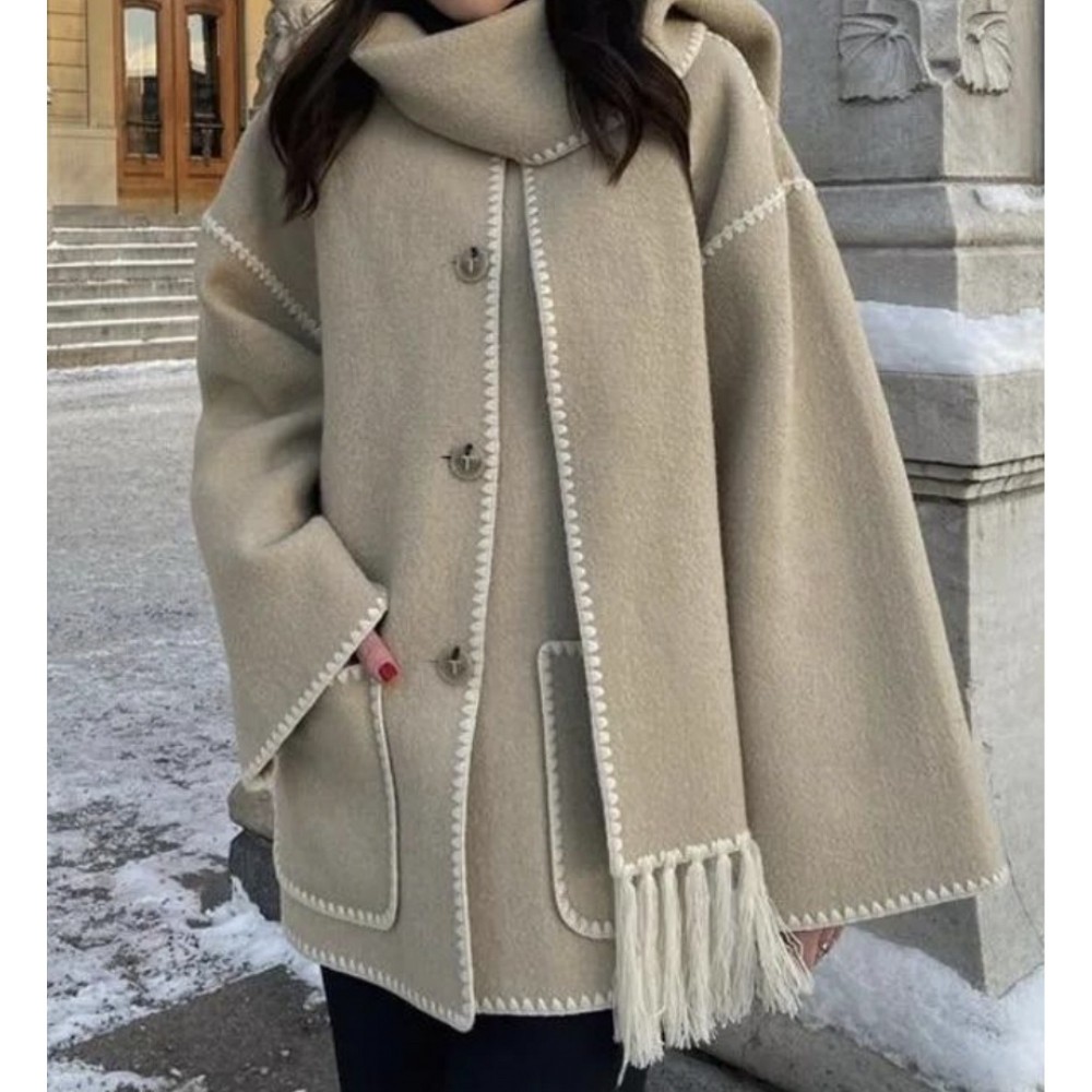 Πλεκτή Ζακέτα Με Κασκόλ -Μπεζ- 