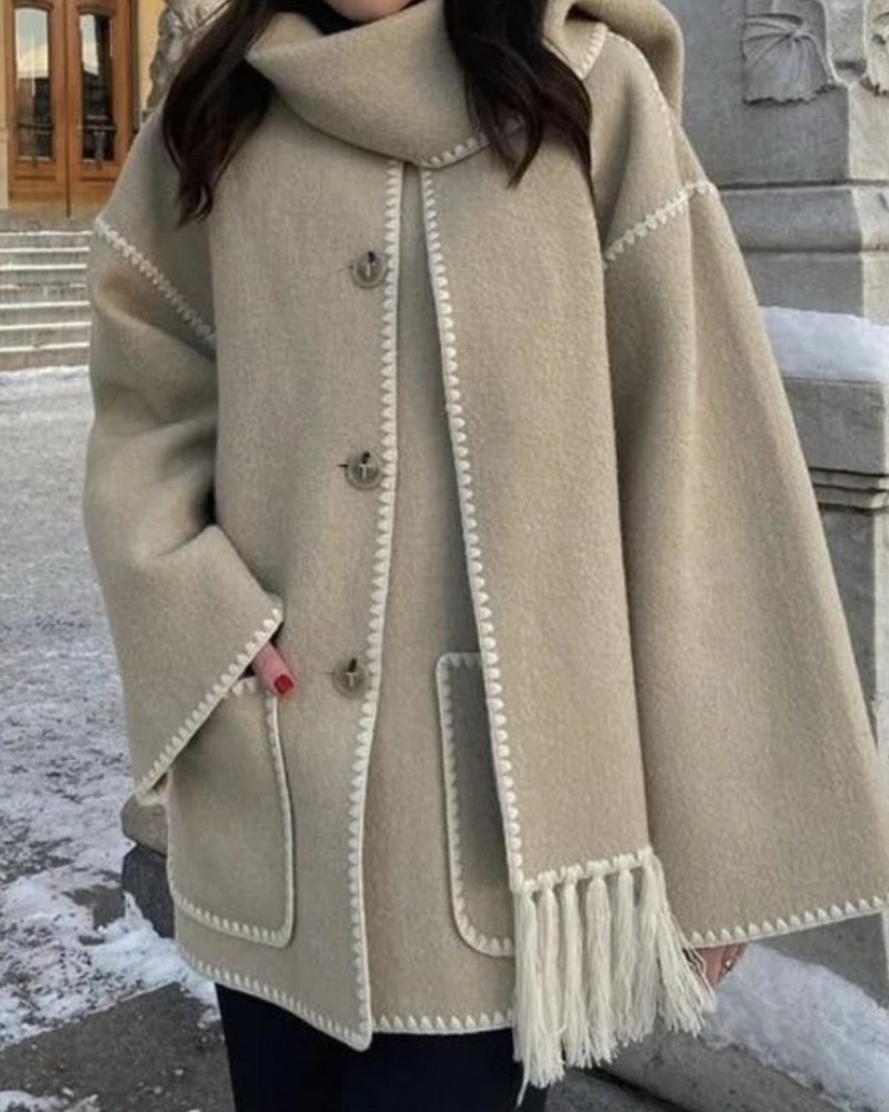 Πλεκτή Ζακέτα Με Κασκόλ -Μπεζ- 