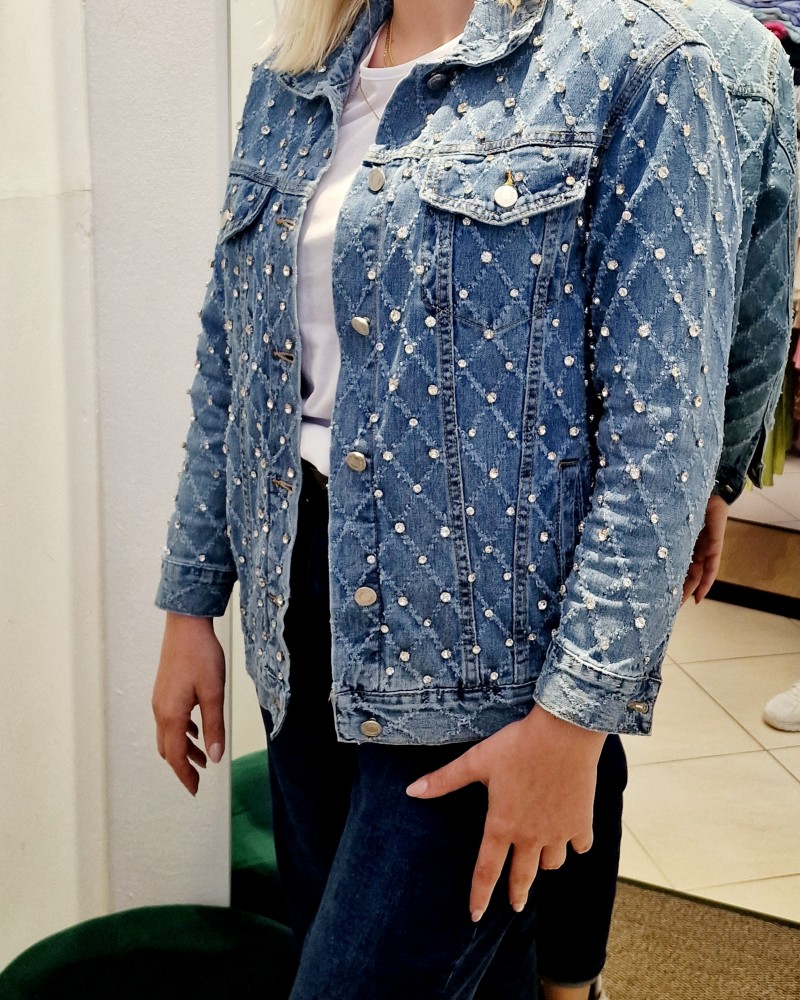 Denim Jacket Jean με Στρας Τζην Μπουφάν -Μπλε- B112