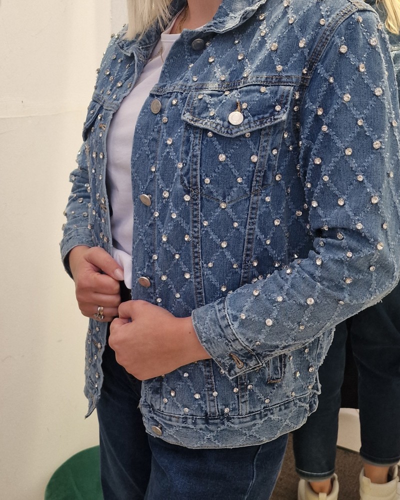Denim Jacket Jean με Στρας Τζην Μπουφάν -Μπλε- B112