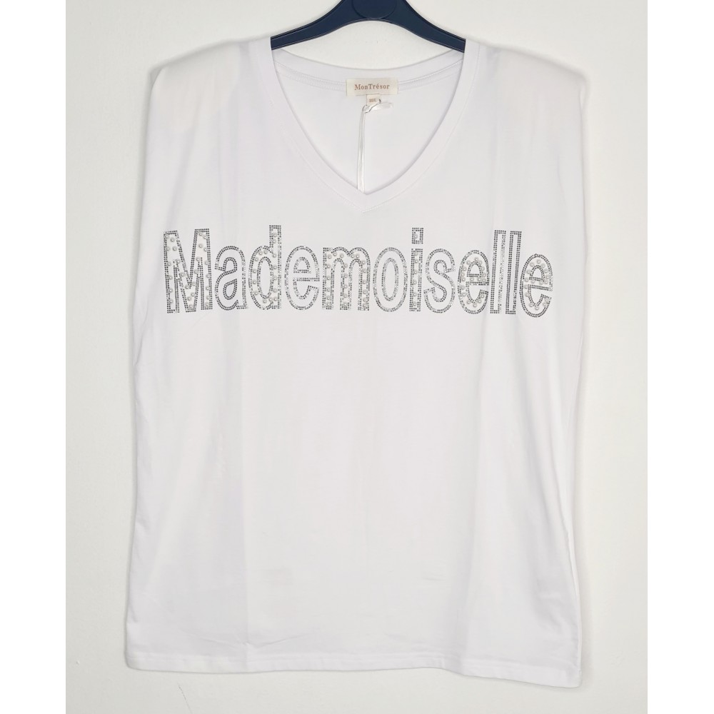 T-Shirt Μπλούζα Μακό με Τύπωμα και Στρας -Λευκό- ES2108514
