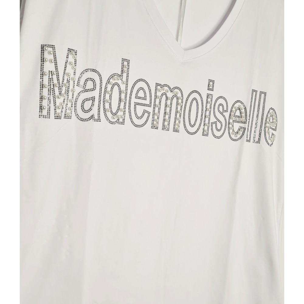 T-Shirt Μπλούζα Μακό με Τύπωμα και Στρας -Λευκό- ES2108514