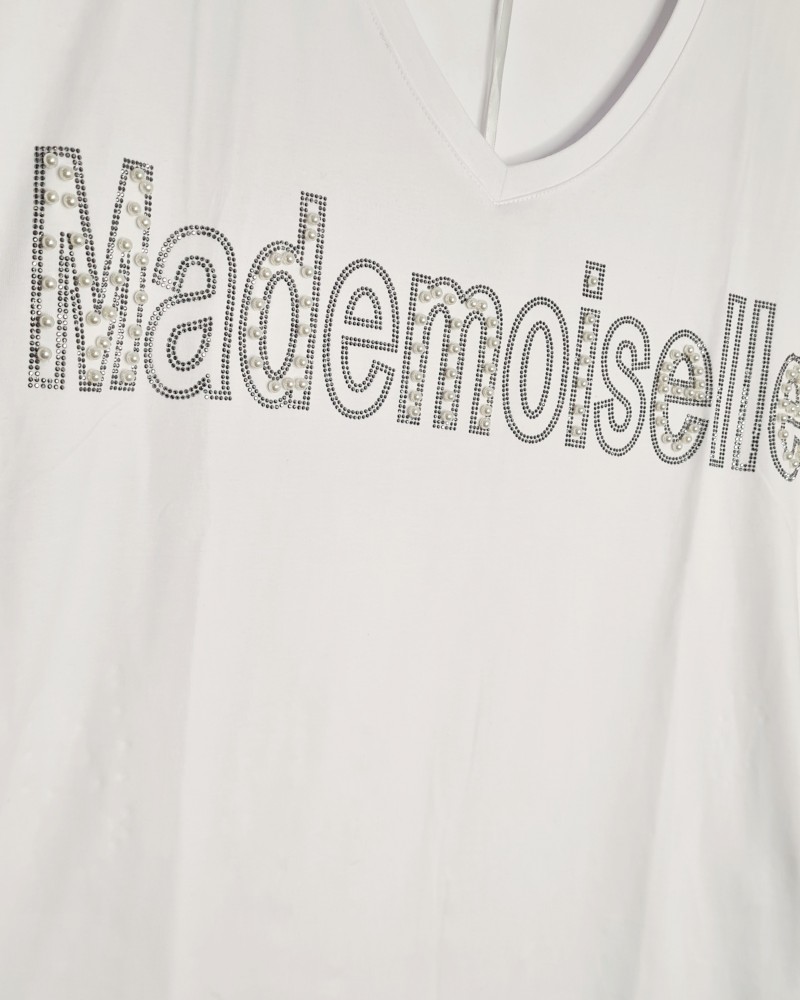 T-Shirt Μπλούζα Μακό με Τύπωμα και Στρας -Λευκό- ES2108514