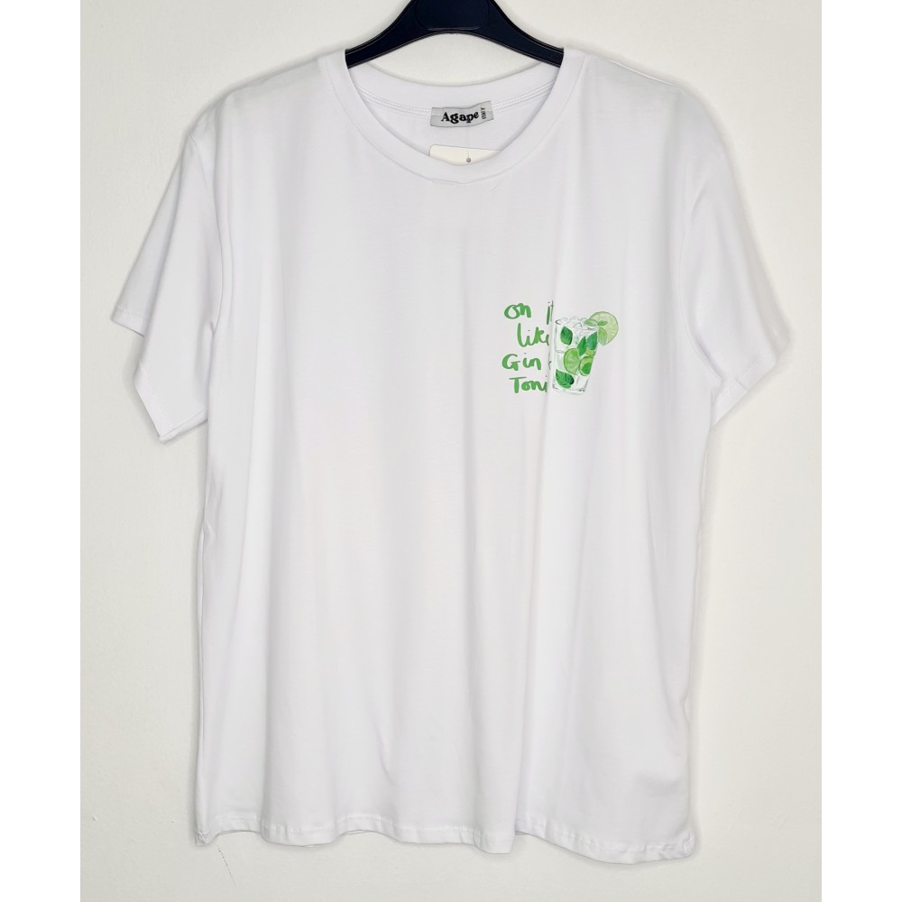 T-Shirt Μπλούζα Μακό με Τύπωμα Gin & Tonic -Λευκό- ES2108
