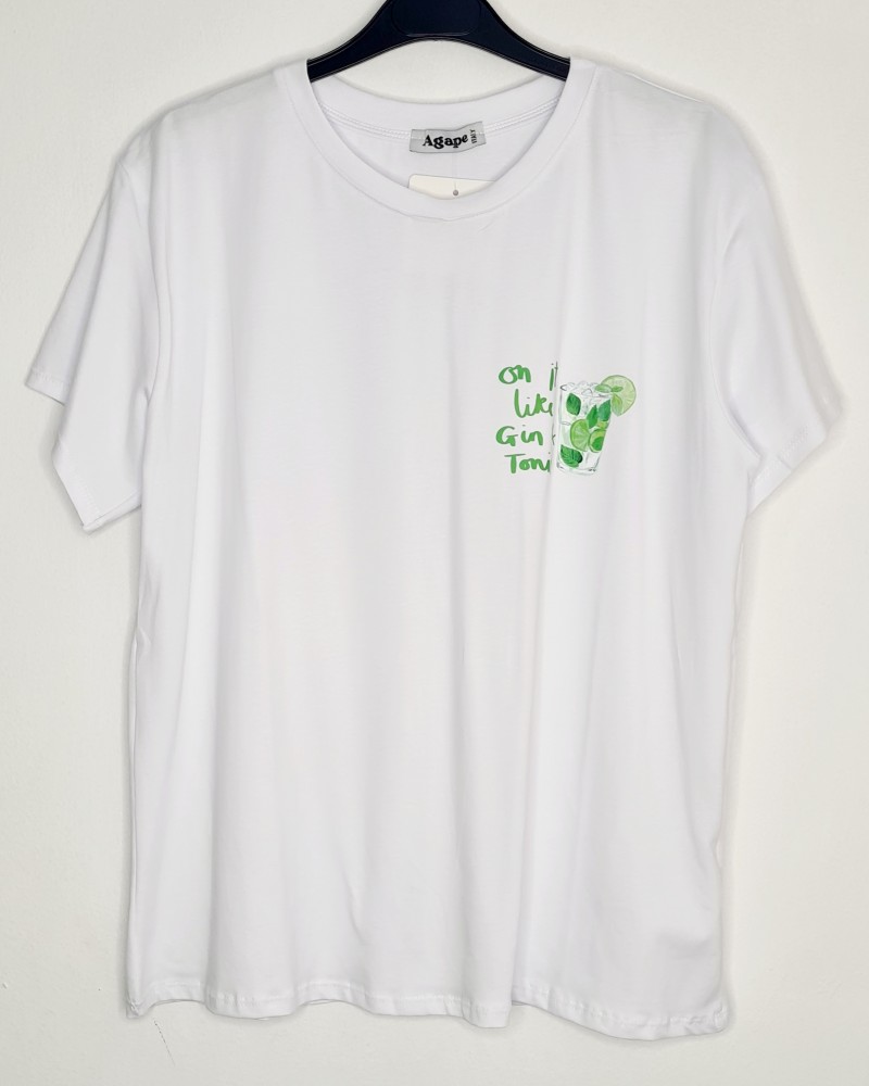 T-Shirt Μπλούζα Μακό με Τύπωμα Gin & Tonic -Λευκό- ES2108