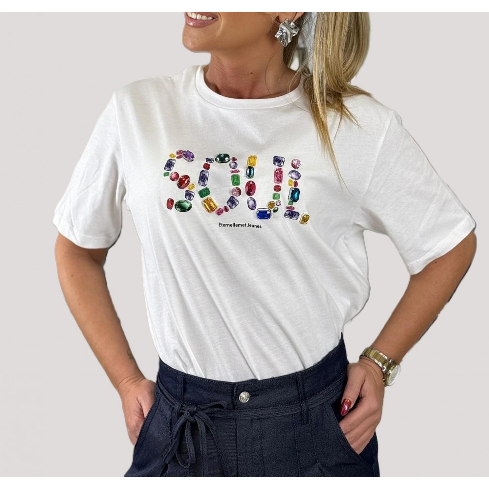 T-Shirt Μπλούζα Μακό με Τύπωμα Soul από Πετράδια -Λευκό- SSS25