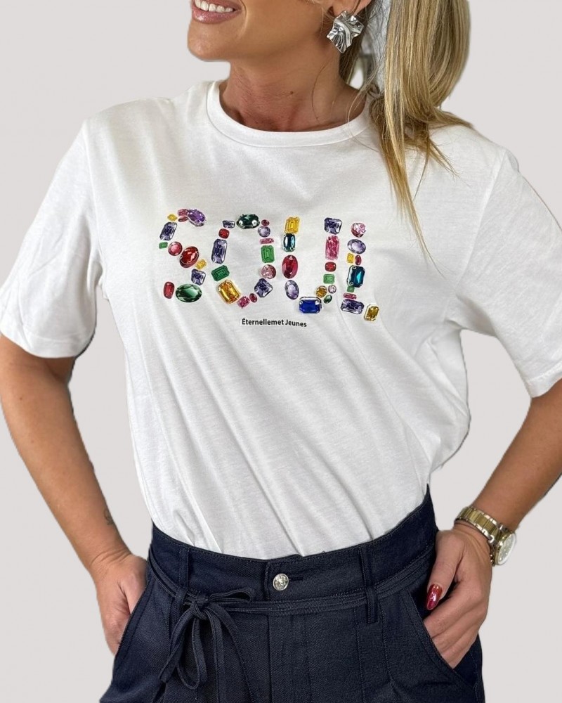 T-Shirt Μπλούζα Μακό με Τύπωμα Soul από Πετράδια -Λευκό- SSS25